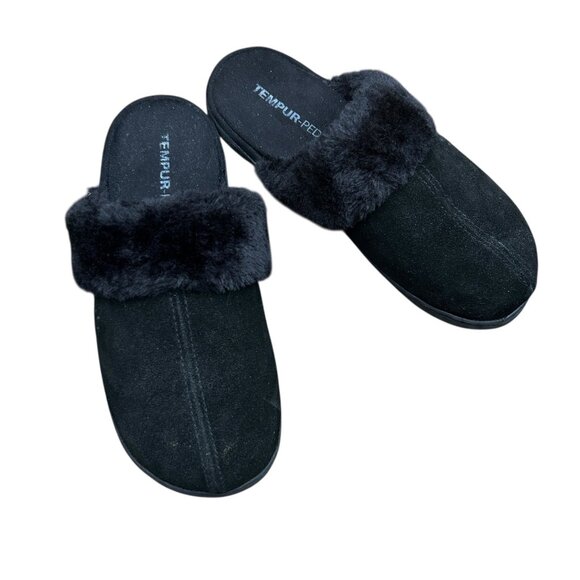 Tempur Pedic Black Suede Kensley Scuff Slippers Faux Fur Collar Size 7M - Picture 2 of 9